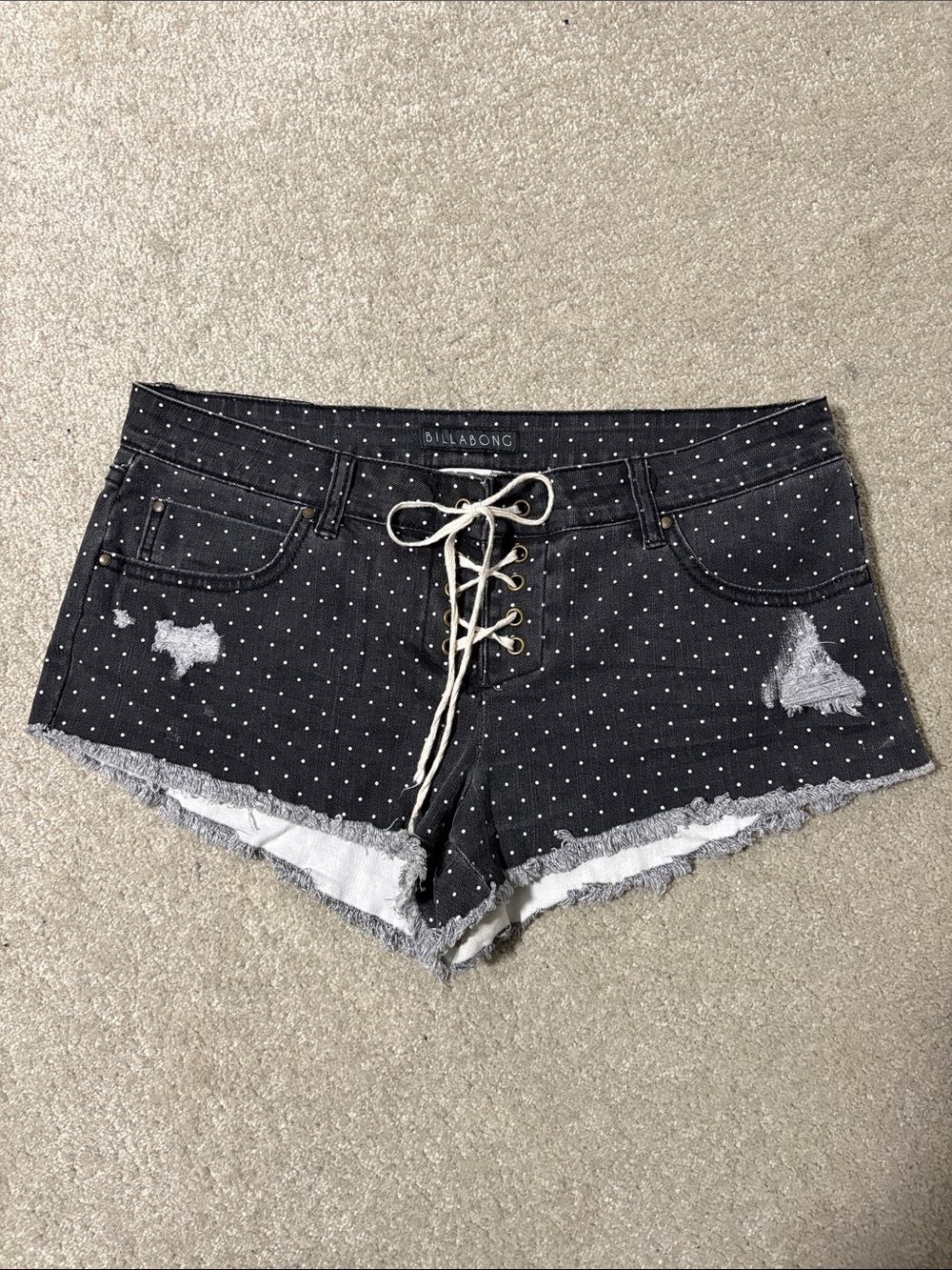 Billabong Black Polka Dot Lace-Up Denim Cutoff Shorts